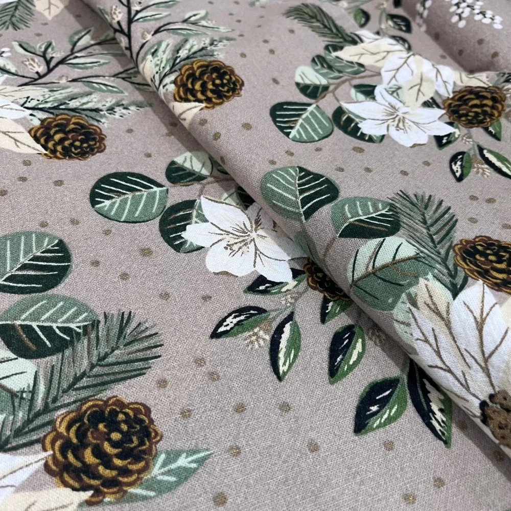 The Farmhouse Rachel Ashwell Poinsettia Pinecone Cotton‎ Tablecloth 60x78 Taupe
